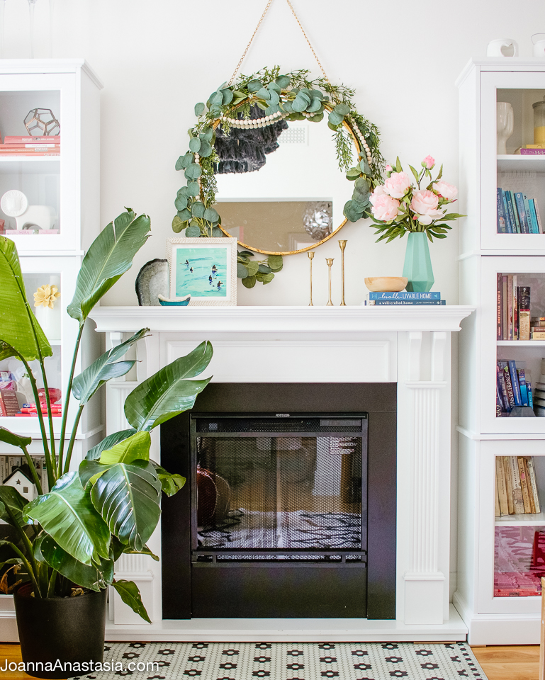 Eclectic summer mantel