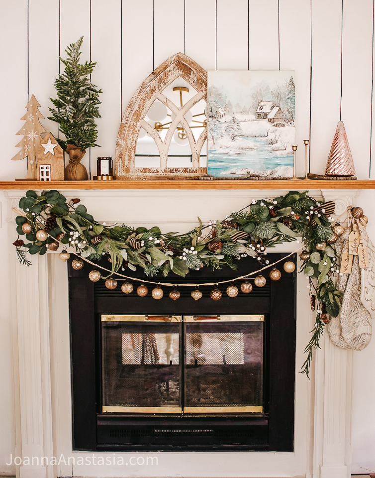 Green and gold neutral Holiday mantel